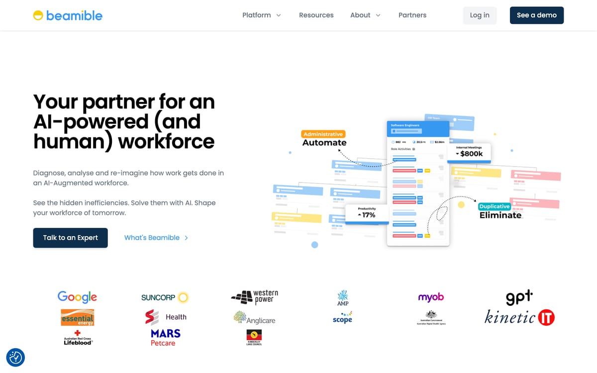 The Beamible homepage, with its workforce design headline and product screenshot.