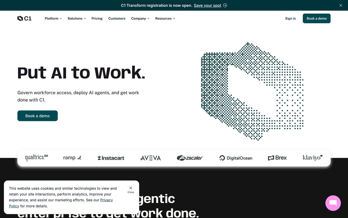 The C1 homepage, formerly ConductorOne, showing its "Put AI to Work" hero section.