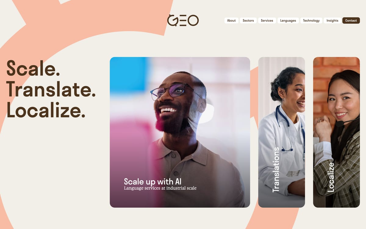 The Geo Language Services homepage, showing the Scale, Translate, Localize hero.