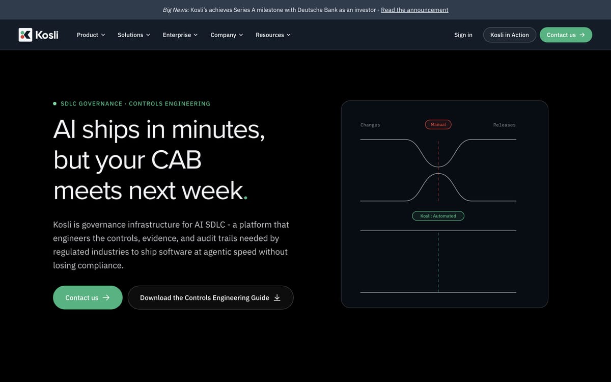 The Kosli homepage, showing their governance platform headline over a dark hero section.