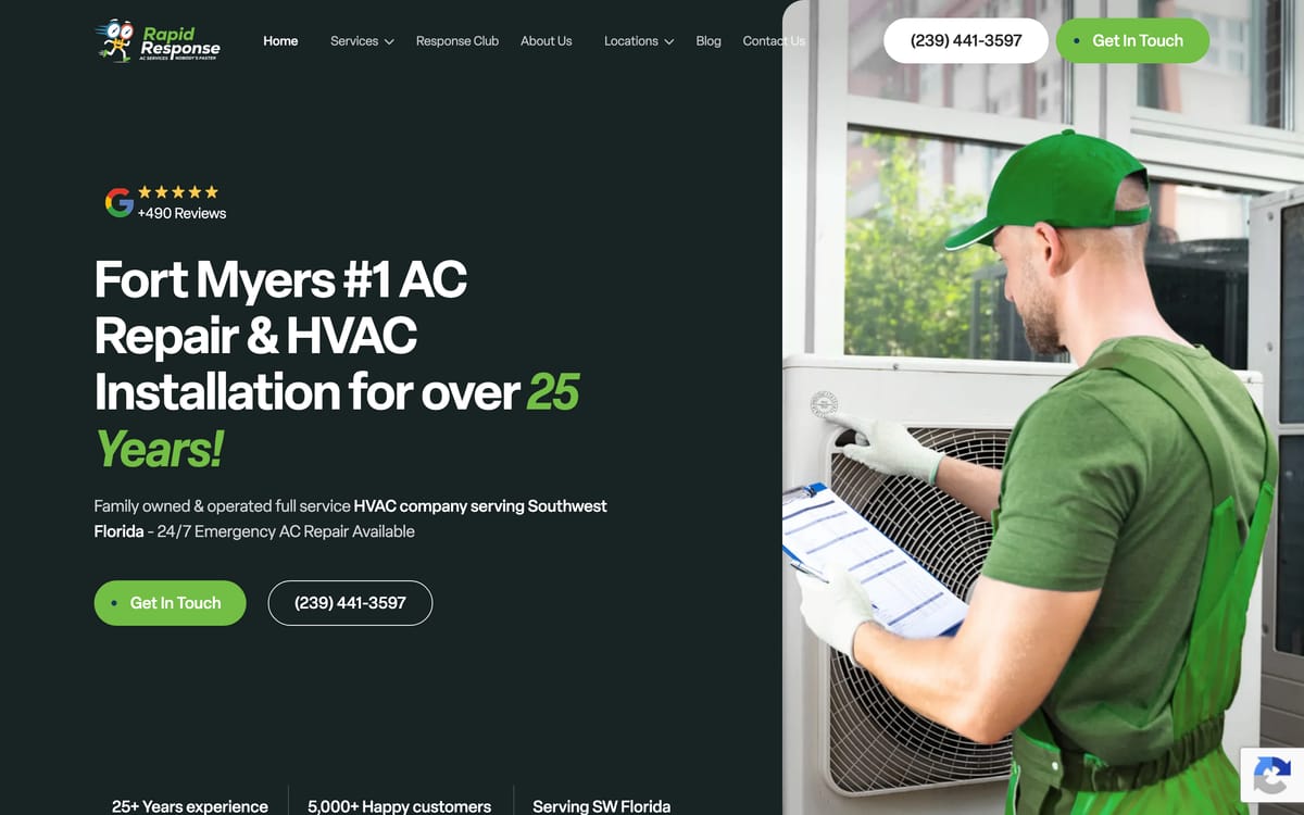 The Rapid Response AC Services homepage, a Fort Myers HVAC company, showing its 24/7 callout hero.